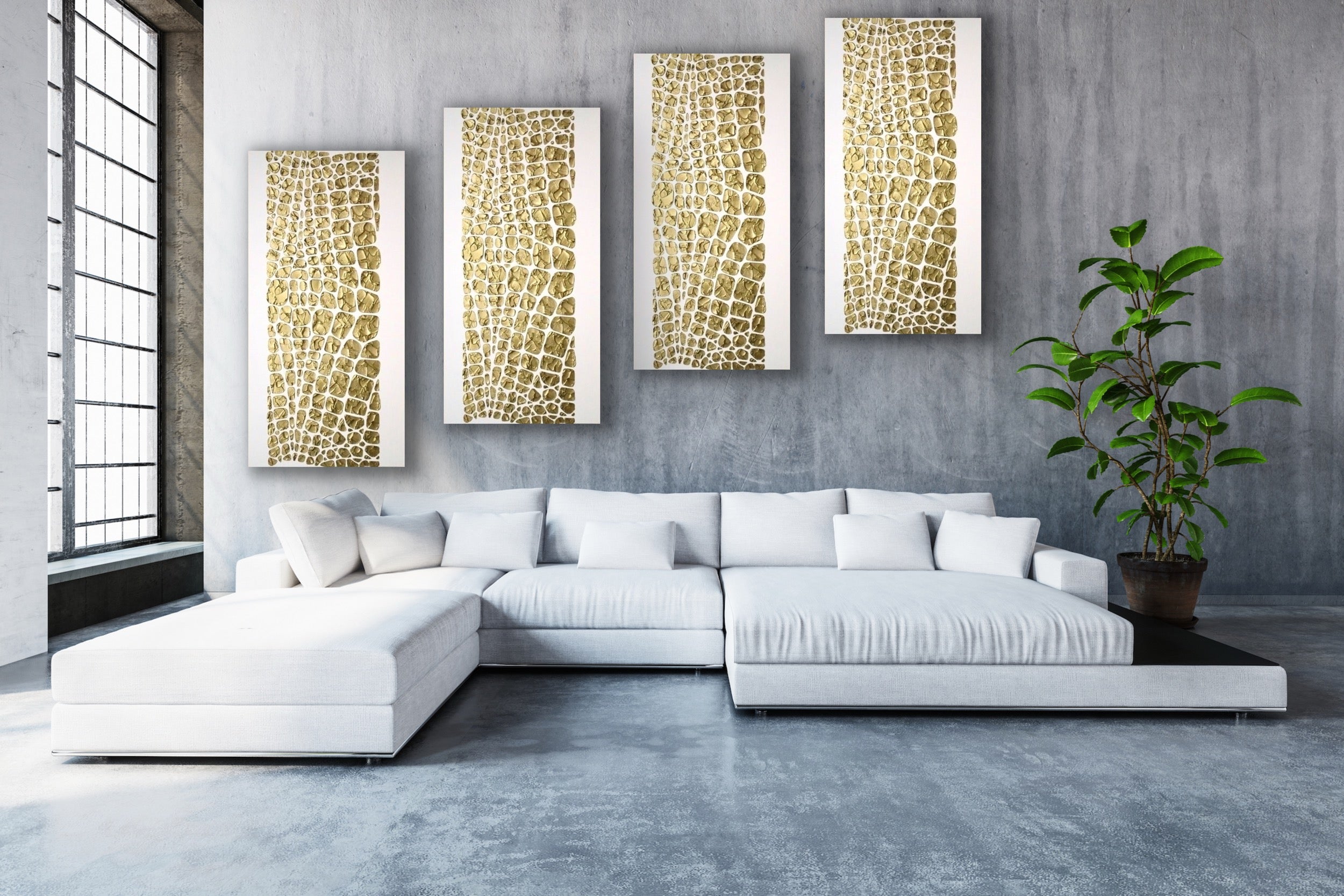 Original white and gold Textured Large Abstract Art MADE2ORDER Mosaic Painting (48”x24”)