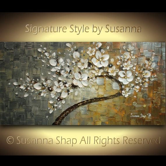 Original Abstract tree painting White cherry blossom, Grey, Brown & Beige textured palette knife impasto art by susanna shap (MADE2ORDER)