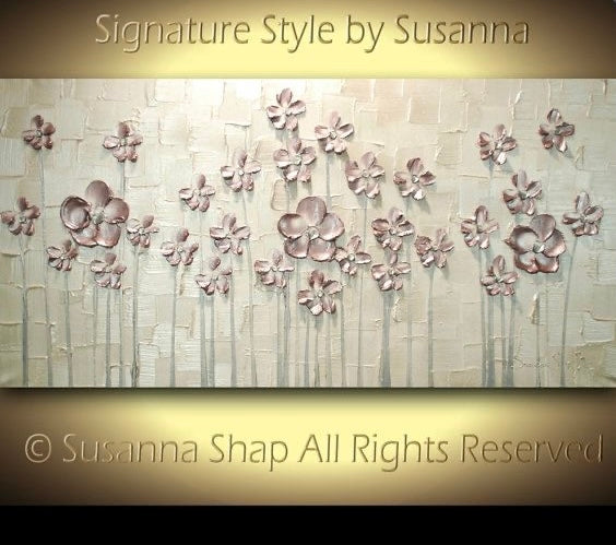 Gold and cream textured floral wall art with 3D pink and white flower blossoms, signature style by Susanna Shap, made to order