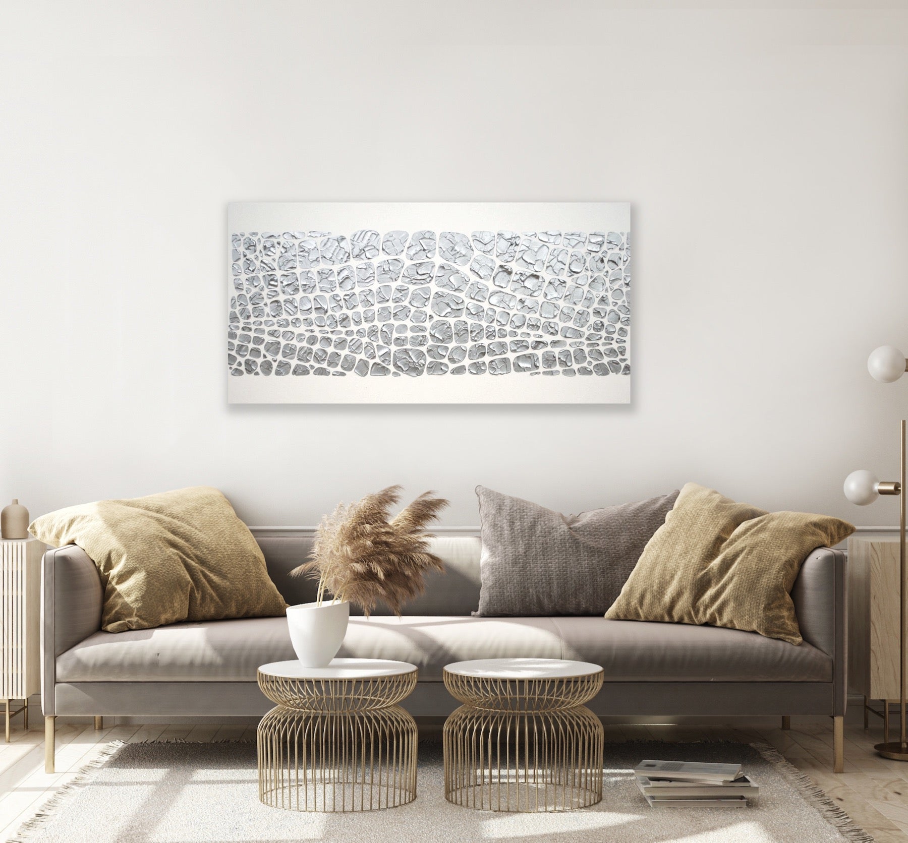 Original painting, metallic silver on white, Textured Large Abstract Art MADE2ORDER Mosaic Painting (48”x24”)