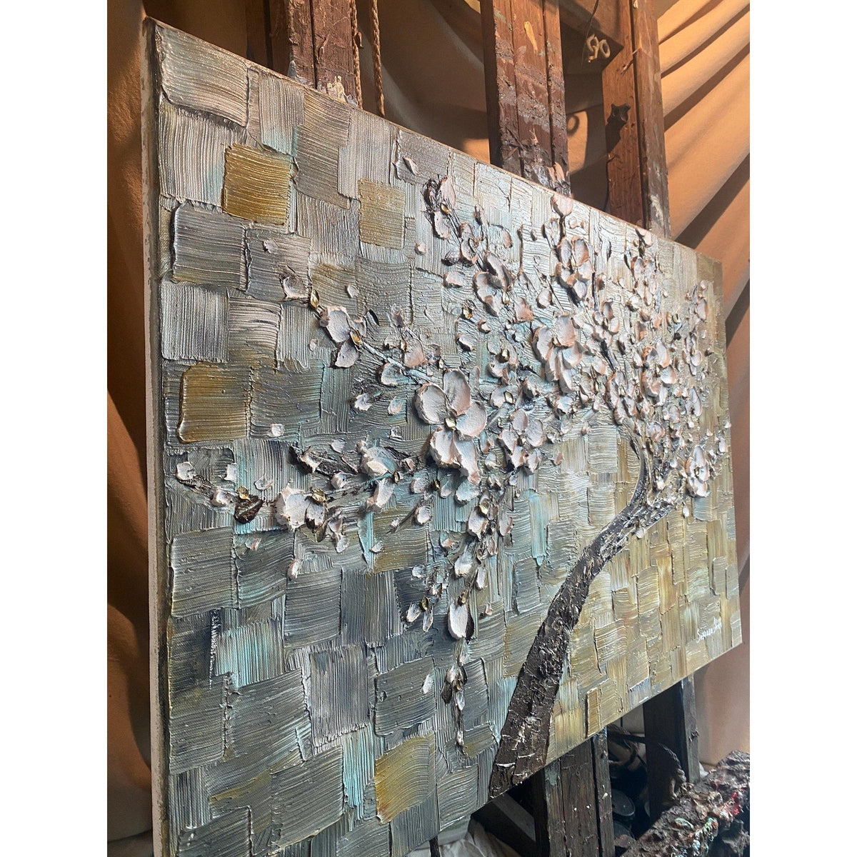 Original Impasto Texture Earth Tones Abstract tree painting White cherry blossom, Grey, Brown & Beige palette knife art by susanna shap (MADE2ORDER)