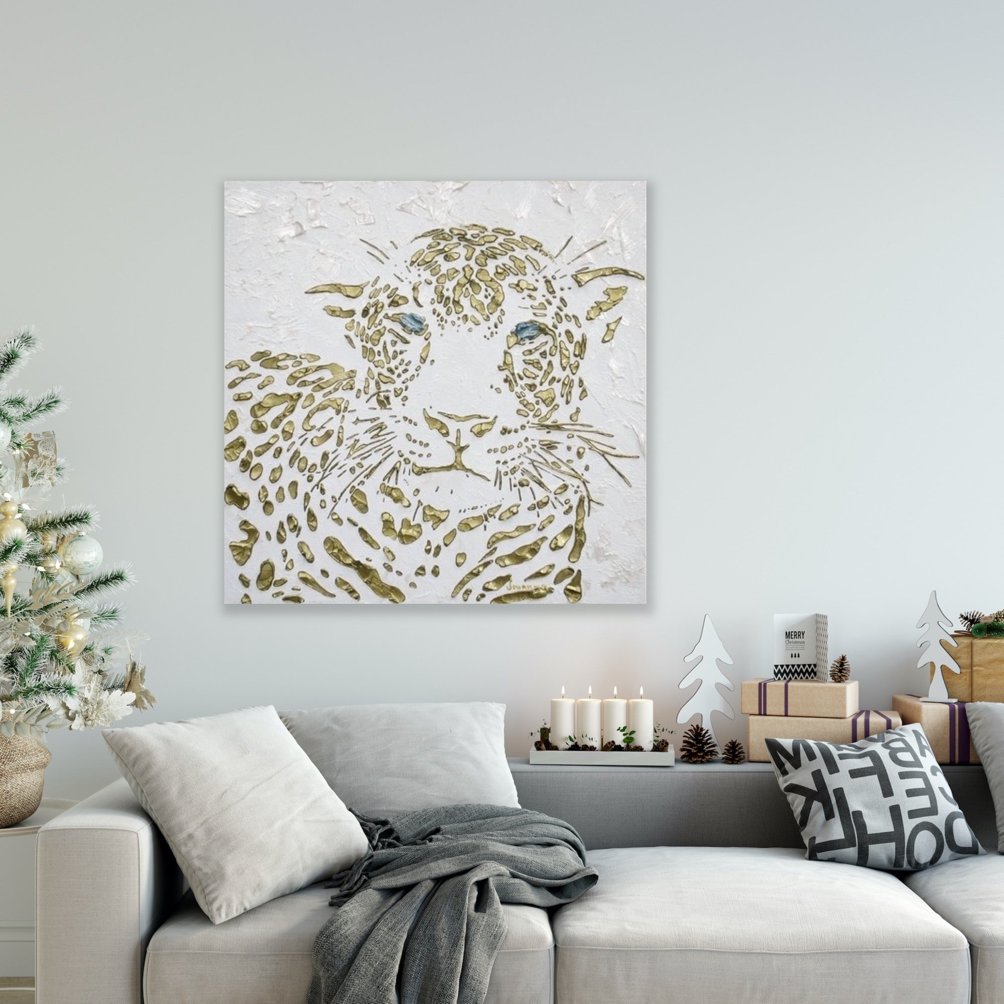 Original Leopard Painting MADE2ORDER Gold On White Textured Palette Knife Art