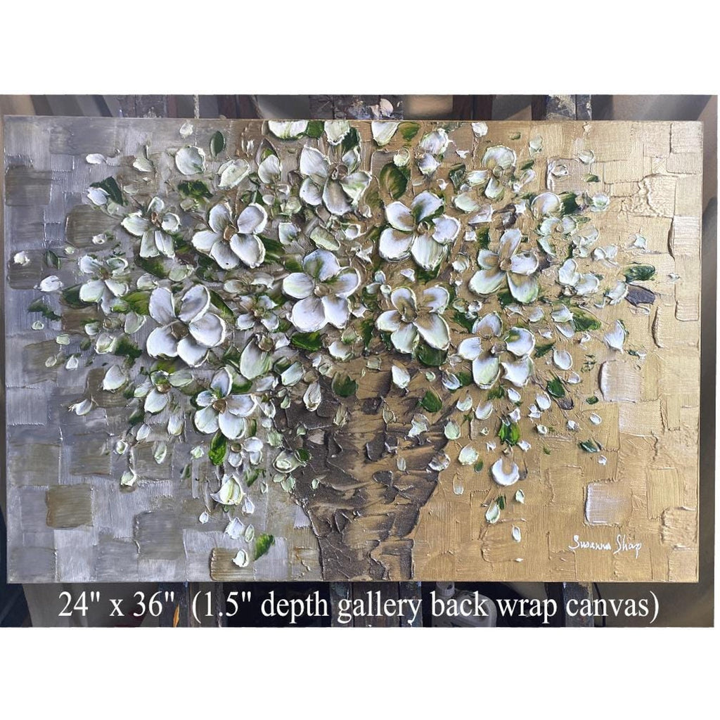 Original White Blossom Flowers Bouquet in vase floral still life Textured Impasto Painting, Palette Knife Fine Art (24"x36")