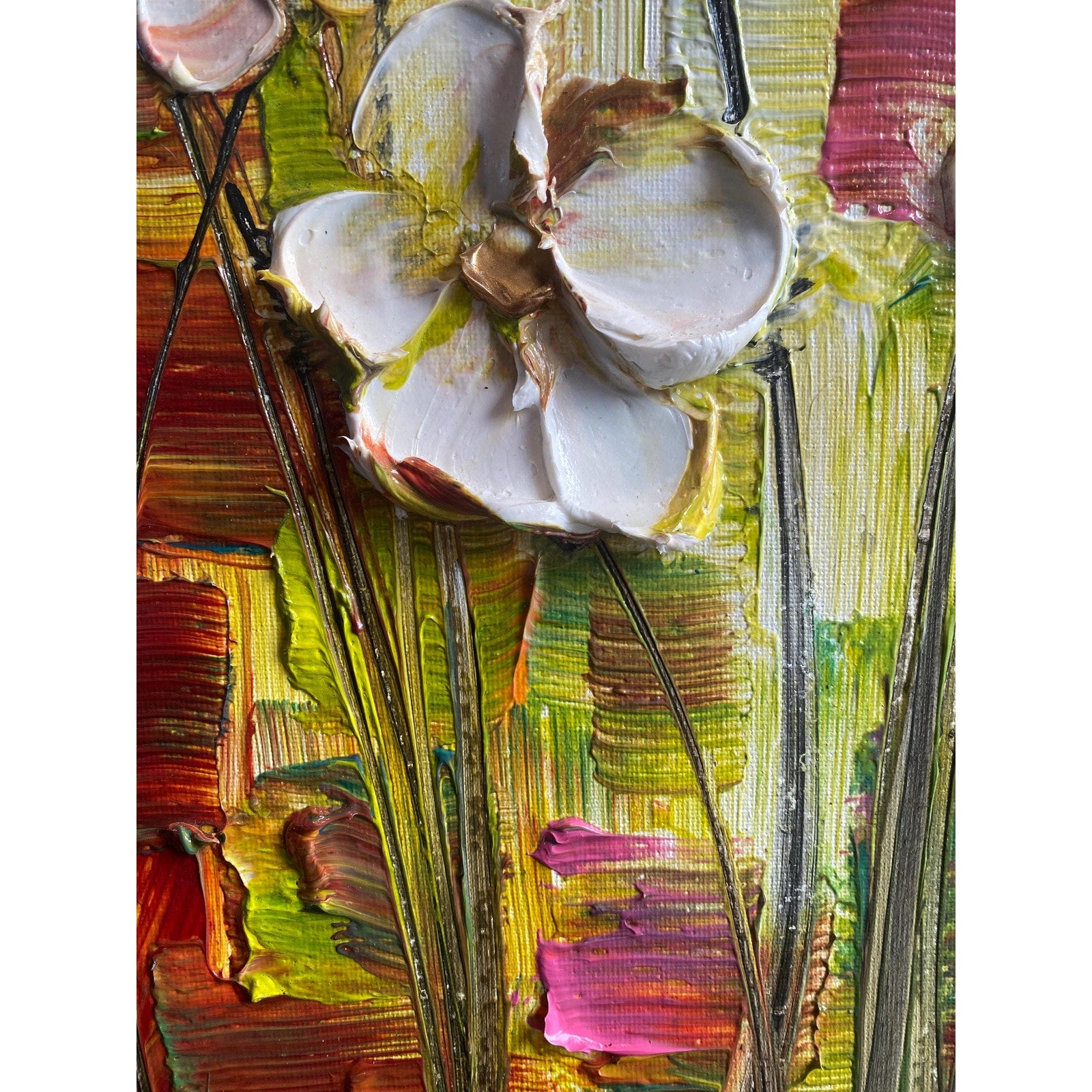 Original Abstract textured white flowers art, multicolored Palette Knife Impasto Painting: 18"x24" by Susanna Shap
