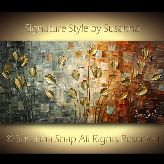 Original Gold Tulips Abstract Landscape No.1 Earth tones Grey Brown Impasto Textured painting palette knife art by susanna shap (MADE2ORDER)