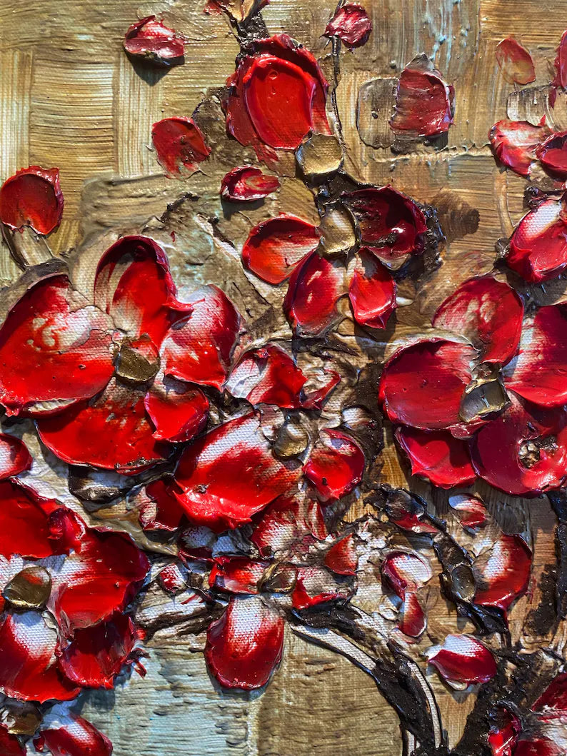 Original Abstract tree painting red cherry blossom textured palette knife impasto art by susanna shap (MADE2ORDER)