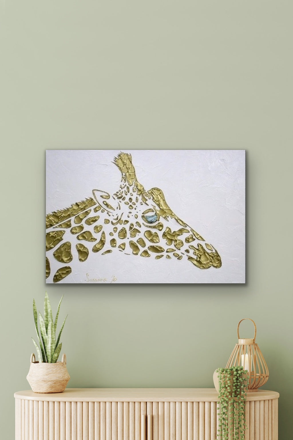 Abstract Original Giraffe Painting, Gold On White, palette knife impasto, 24”x36” MADE2ORDER