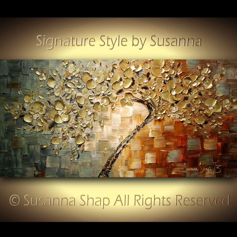 Original Gold Cherry Blossom Tree Abstract Landscape Earth tones Grey Brown Impasto Textured painting palette knife art by susanna shap (MADE2ORDER)