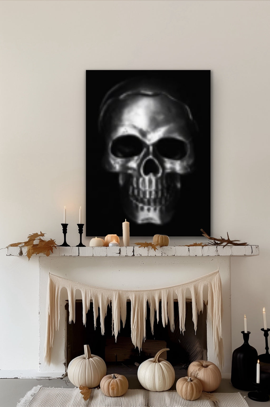 Silver skull on black, Original Photography, Gothic Halloween Wall art home decor, Stretched Canvas, Fine Art Giclee PRINT, Small-X large