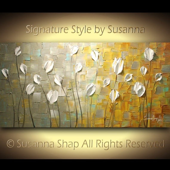 Original Painting White Tulips Abstract Landscape, Earth tones Grey Beige Impasto Textured palette knife art by susanna shap (MADE2ORDER)