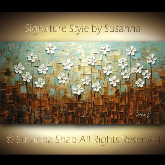 Original Painting White Flower Blossoms no.2 Modern Abstract Landscape, Earth tones Grey Beige Impasto Textured palette knife art by susanna shap (MADE2ORDER)