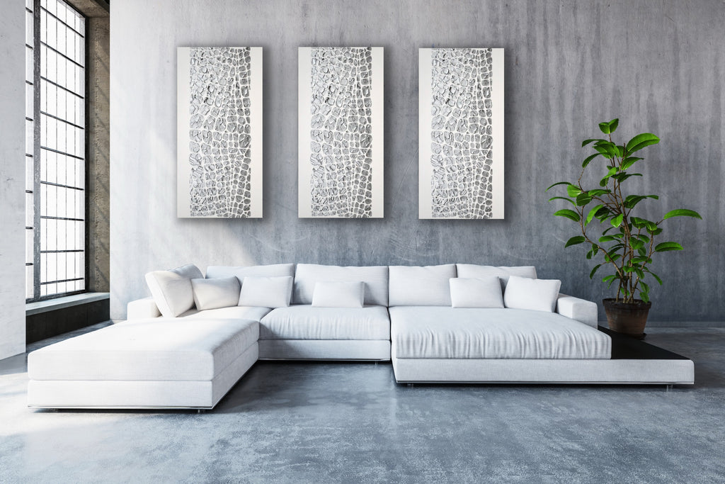 Original painting, metallic silver on white, Textured Large Abstract Art MADE2ORDER Mosaic Painting (48”x24”)