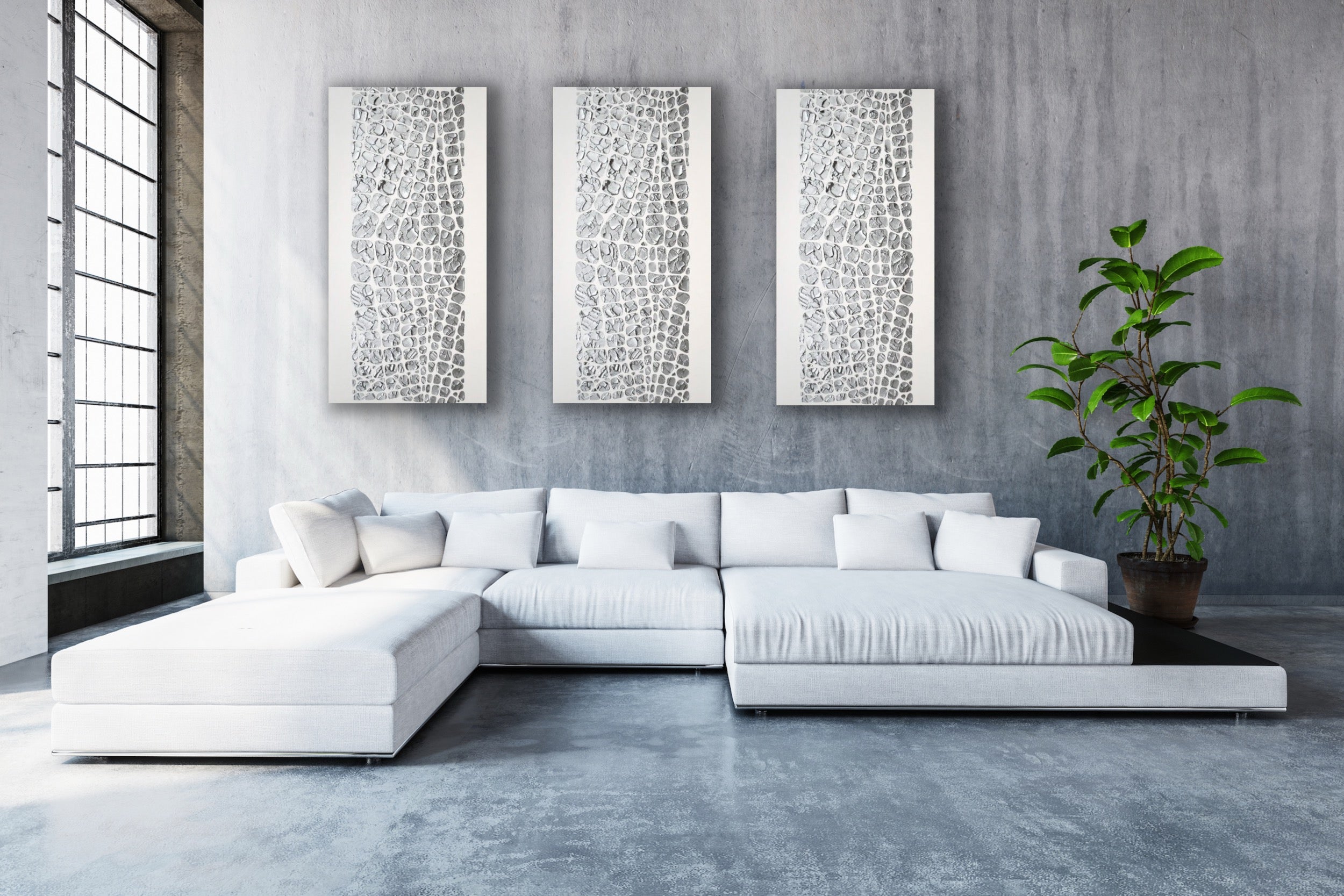 Original painting, metallic silver on white, Textured Large Abstract Art MADE2ORDER Mosaic Painting (48”x24”)