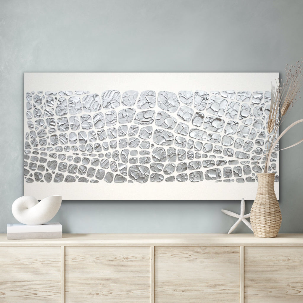 Original painting, metallic silver on white, Textured Large Abstract Art MADE2ORDER Mosaic Painting (48”x24”)