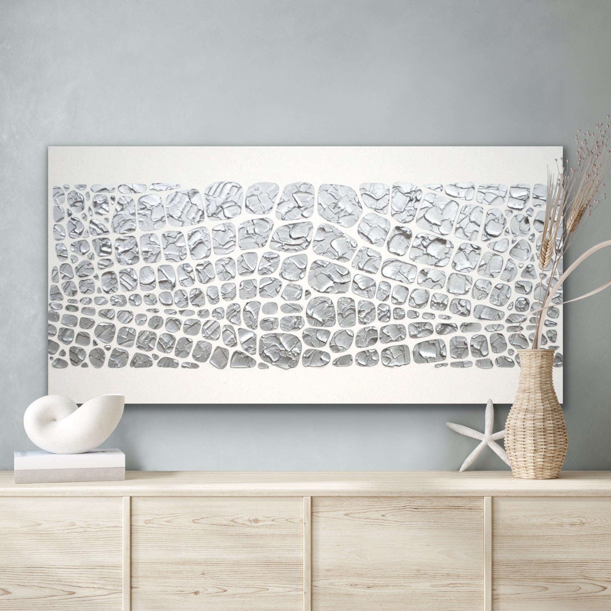 Original painting, metallic silver on white, Textured Large Abstract Art MADE2ORDER Mosaic Painting (48”x24”)