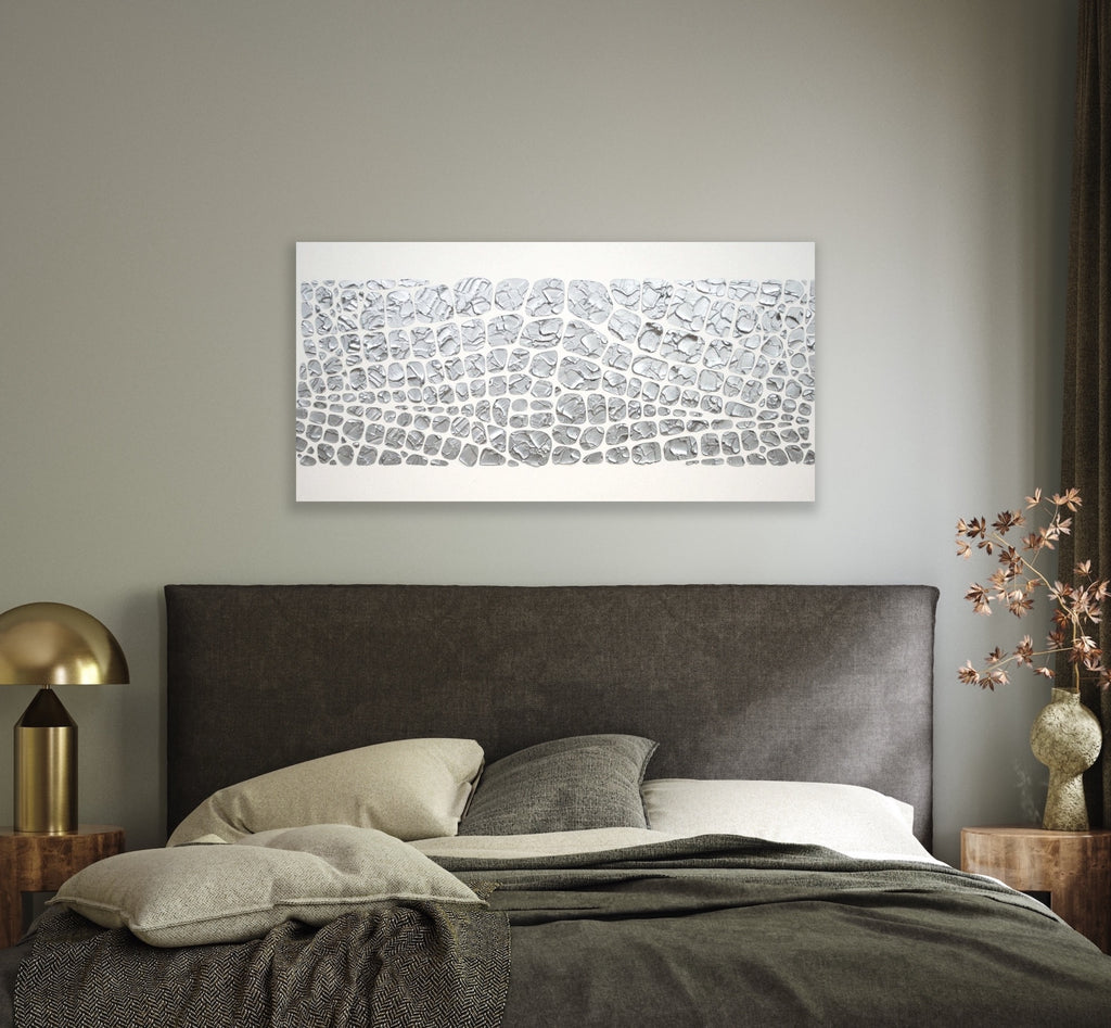 Original painting, metallic silver on white, Textured Large Abstract Art MADE2ORDER Mosaic Painting (48”x24”)