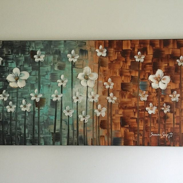 Original Painting White Flower Blossoms Modern Abstract Landscape, Earth tones Grey Beige Impasto Textured palette knife art by susanna shap (MADE2ORDER)