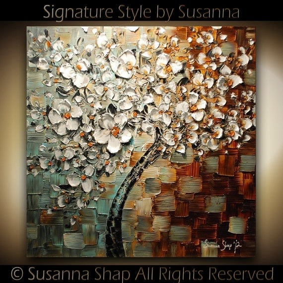 Original Abstract tree painting White cherry blossom textured palette knife impasto art in Earth Tones, by susanna shap (MADE2ORDER)