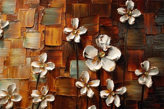 Original Painting White Flower Blossoms no.2 Modern Abstract Landscape, Earth tones Grey Beige Impasto Textured palette knife art by susanna shap (MADE2ORDER)