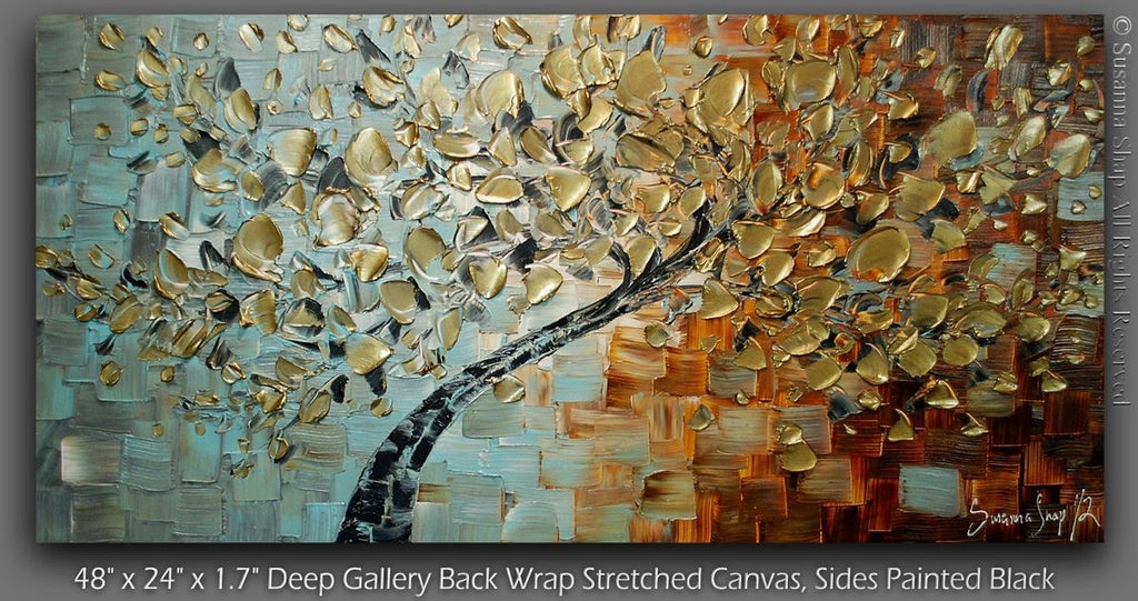 Original Gold Leaves Tree Abstract Landscape Earth tones Grey Brown and blue, Impasto Textured painting palette knife art by susanna shap (MADE2ORDER)
