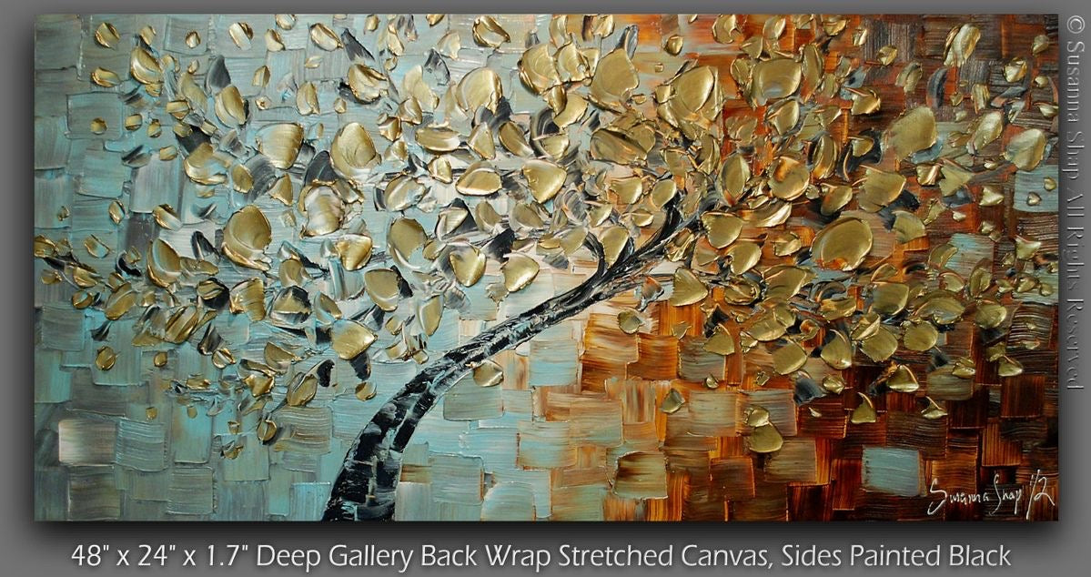Original Gold Leaves Tree Abstract Landscape Earth tones Grey Brown and blue, Impasto Textured painting palette knife art by susanna shap (MADE2ORDER)