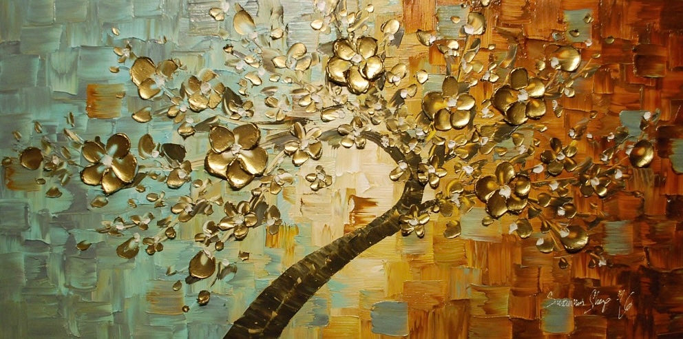 Original Gold Cherry Blossom Tree Abstract Landscape Earth tones Grey Brown and blue, Impasto Textured painting palette knife art by susanna shap (MADE2ORDER)
