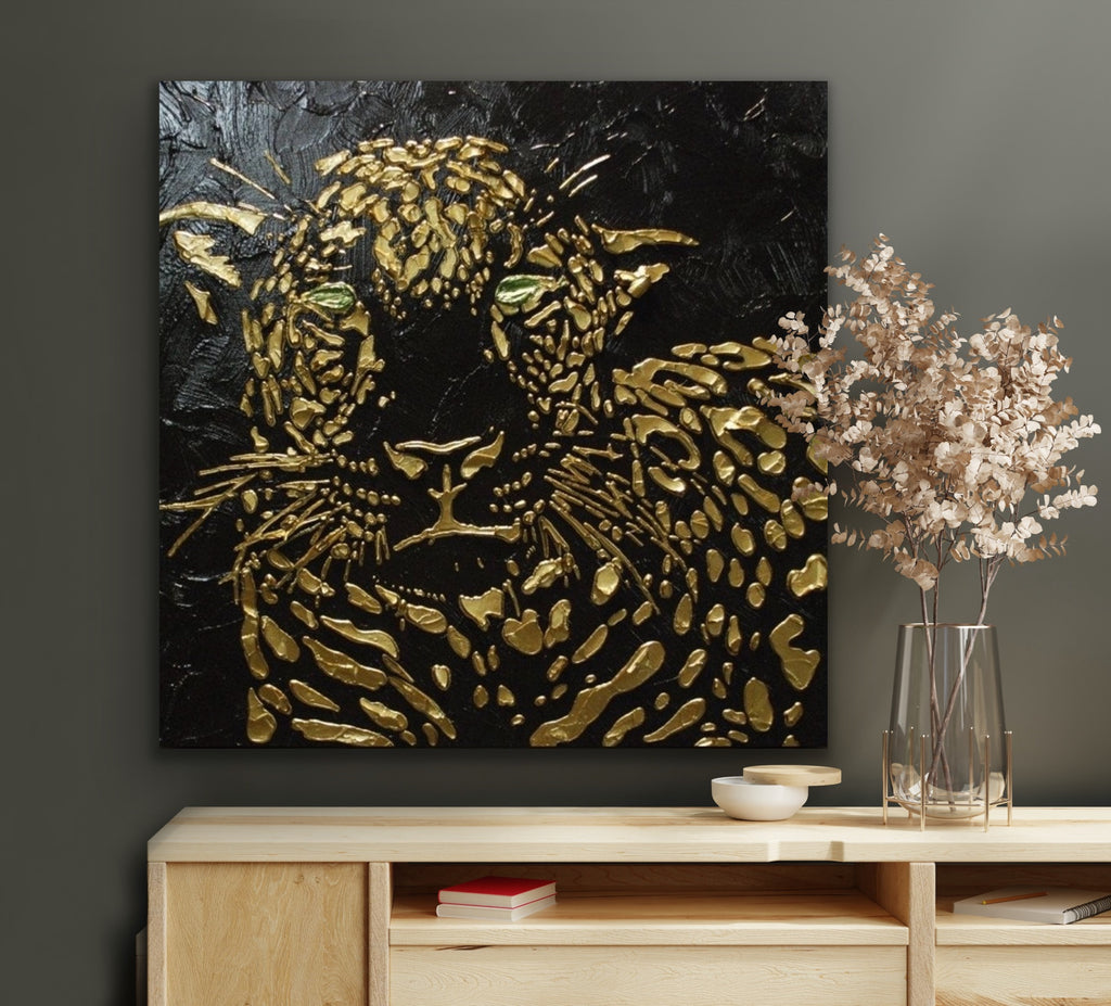 Original Abstract Leopard Painting Black Gold Palette Knife Impasto Textured Fine Art on Canvas - MADE2ORDER Mix&match