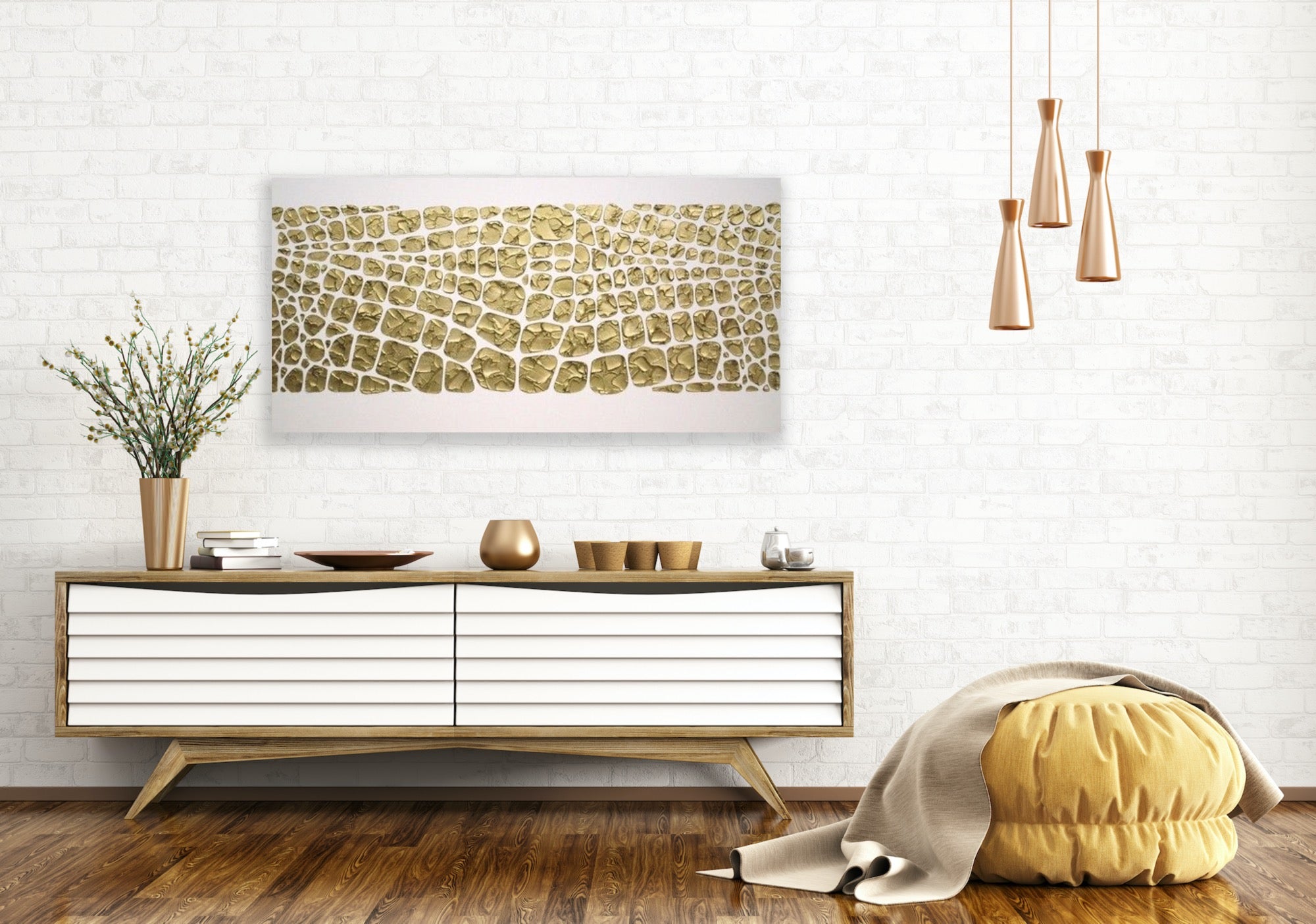 Original white and gold Textured Large Abstract Art MADE2ORDER Mosaic Painting (48”x24”)