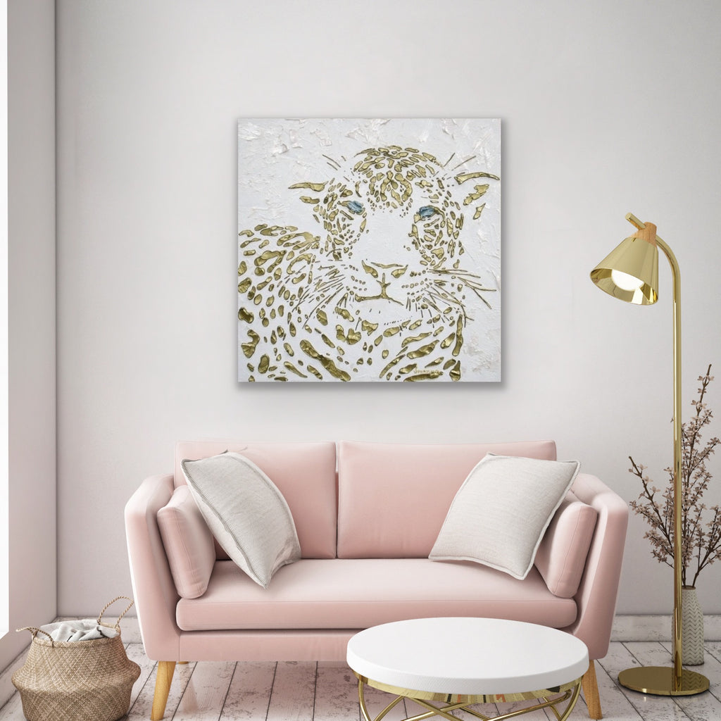 Original Leopard Painting MADE2ORDER Gold On White Textured Palette Knife Art