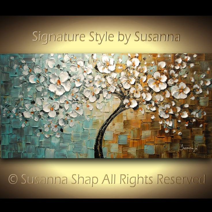 Original Abstract tree painting White cherry blossom textured palette knife impasto art by susanna shap (MADE2ORDER)