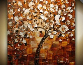 Original Abstract tree painting White cherry blossom, No. 3, textured palette knife impasto art by susanna shap (MADE2ORDER)