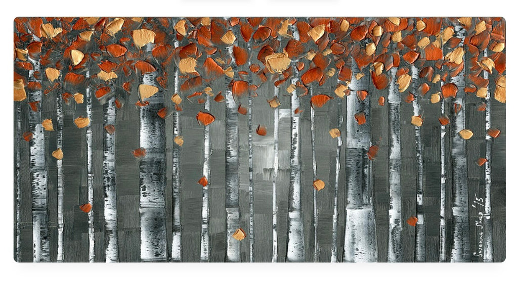 Copper and Grey Birch Trees Forest Landscape Whimsical Wall Art Abstract Expressionist, Fine Art Giclee PRINT on canvas by Susanna Shap