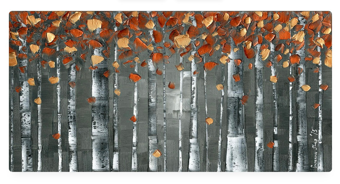 Copper and Grey Birch Trees Forest Landscape Whimsical Wall Art Abstract Expressionist, Fine Art Giclee PRINT on canvas by Susanna Shap