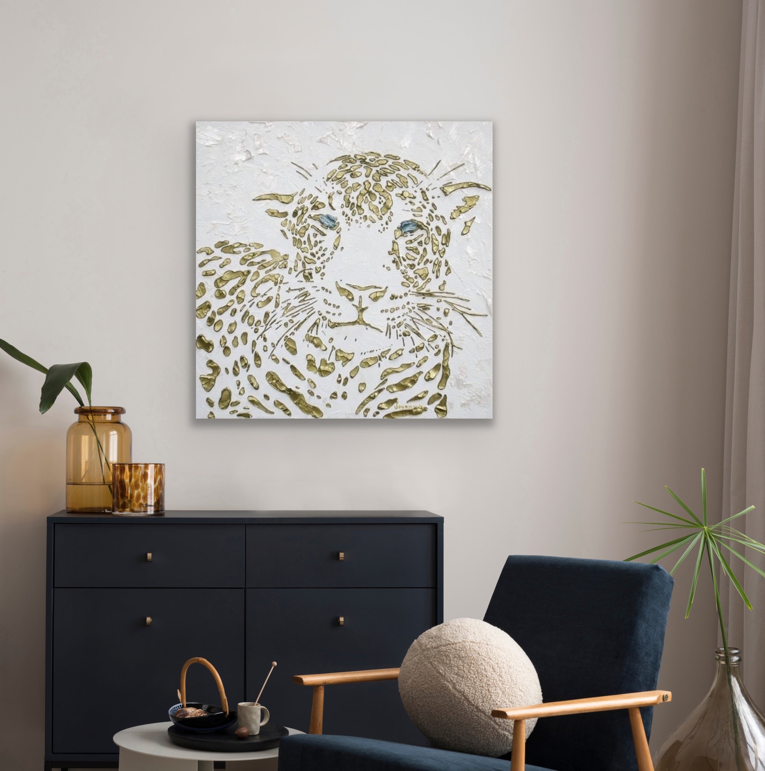 Original Leopard Painting MADE2ORDER Gold On White Textured Palette Knife Art