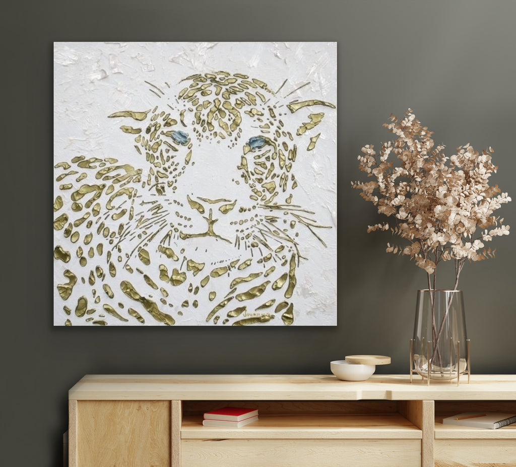 Original Leopard Painting MADE2ORDER Gold On White Textured Palette Knife Art