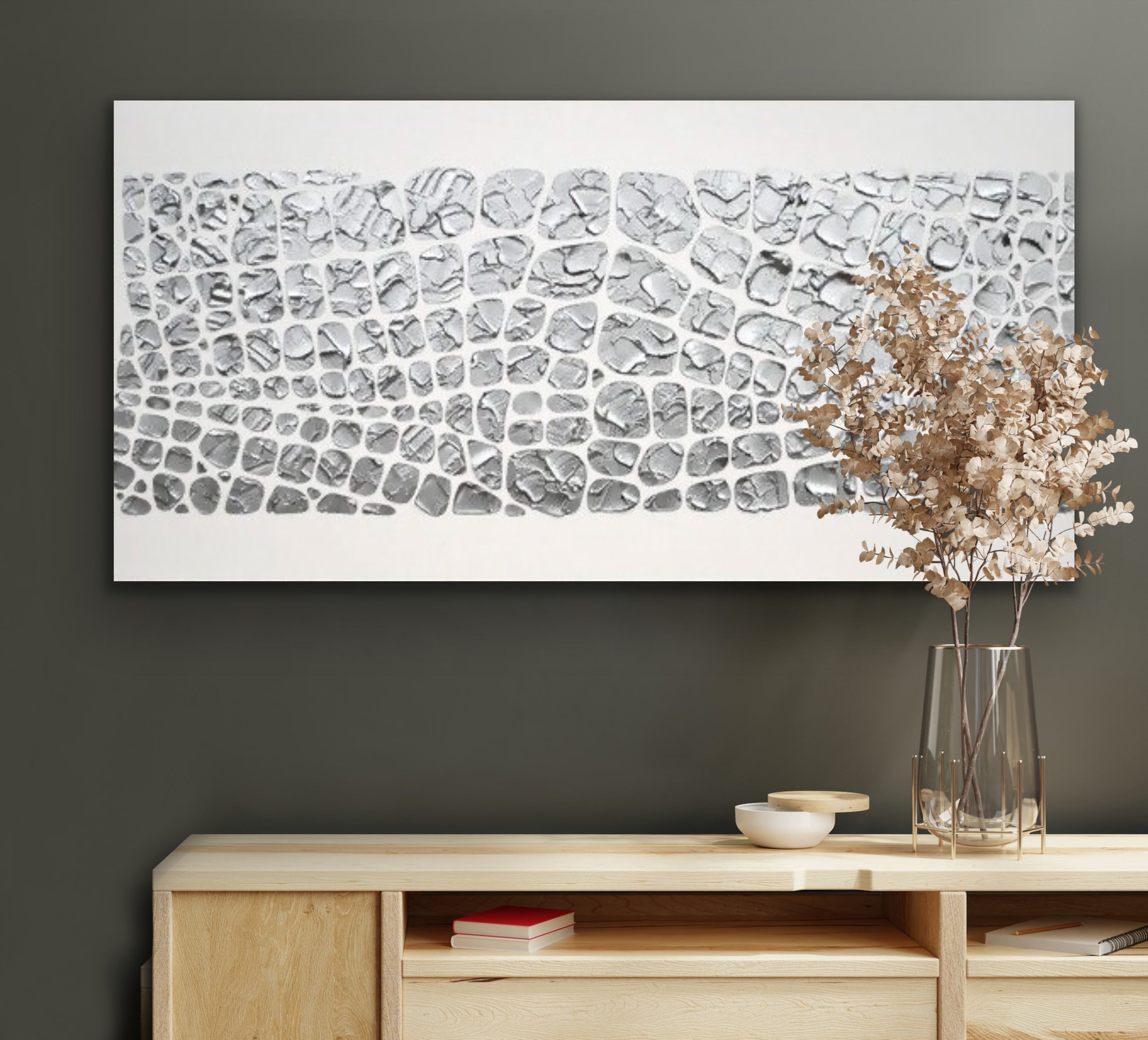 Original painting, metallic silver on white, Textured Large Abstract Art MADE2ORDER Mosaic Painting (48”x24”)