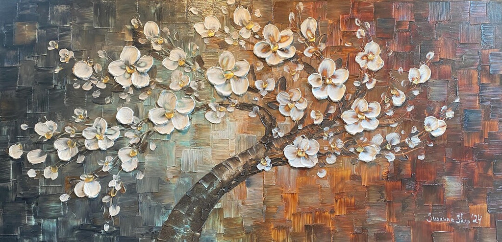 Original Abstract tree painting White cherry blossom textured palette knife impasto art by susanna shap (MADE2ORDER)