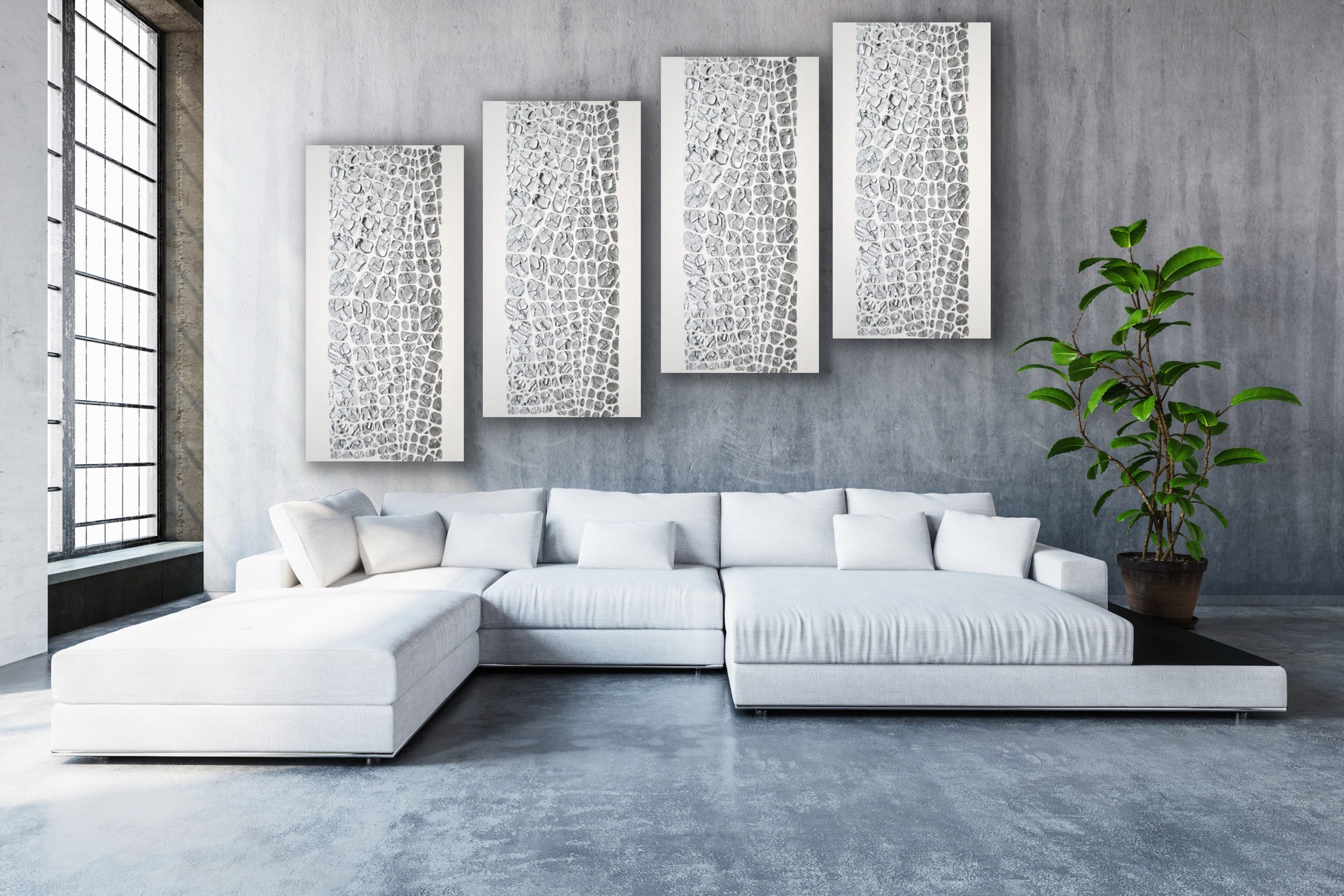 Original painting, metallic silver on white, Textured Large Abstract Art MADE2ORDER Mosaic Painting (48”x24”)