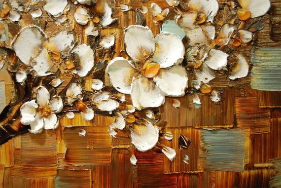 Original Abstract tree painting White cherry blossom, Grey, Brown & Beige textured palette knife impasto art by susanna shap (MADE2ORDER)