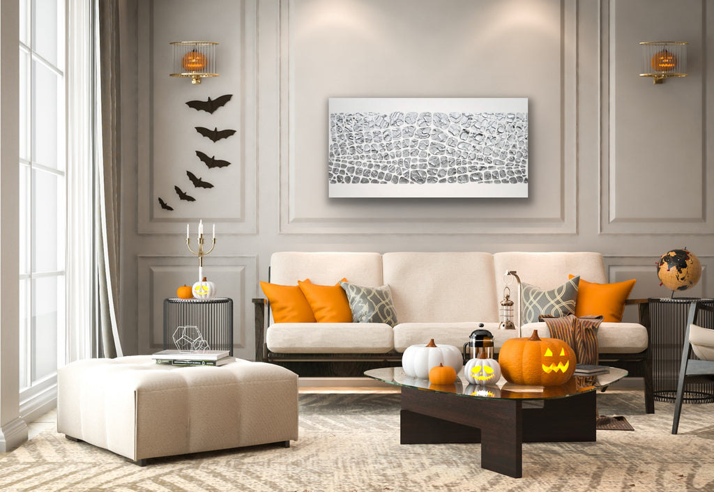 Original painting, metallic silver on white, Textured Large Abstract Art MADE2ORDER Mosaic Painting (48”x24”)