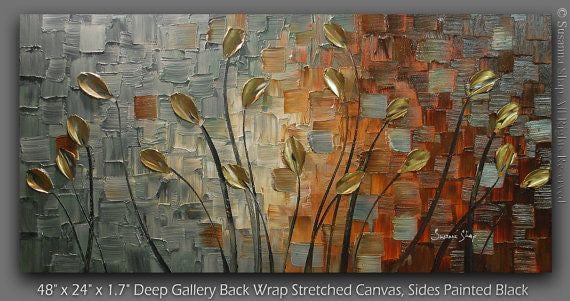 Original Gold Tulips Abstract Landscape No.1 Earth tones Grey Brown Impasto Textured painting palette knife art by susanna shap (MADE2ORDER)