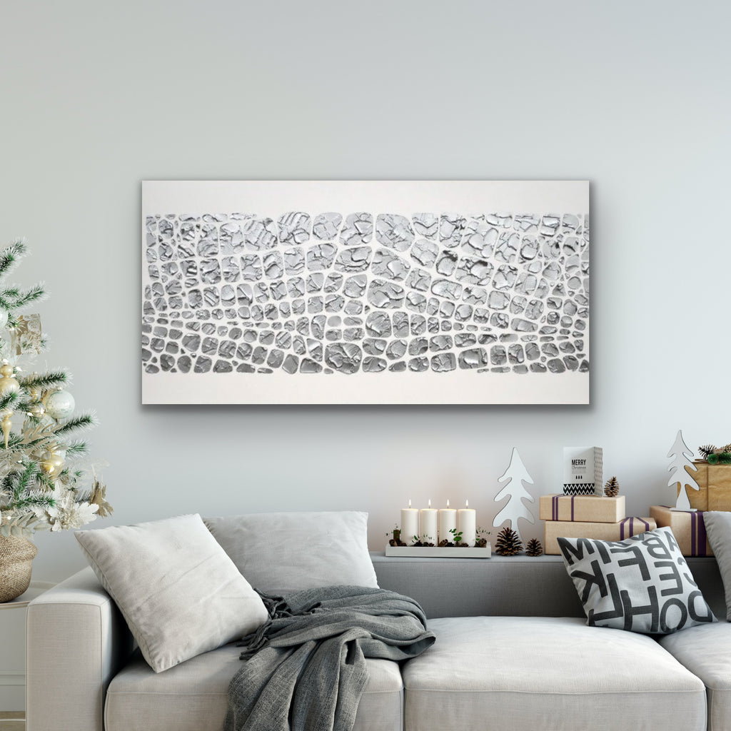 Original painting, metallic silver on white, Textured Large Abstract Art MADE2ORDER Mosaic Painting (48”x24”)