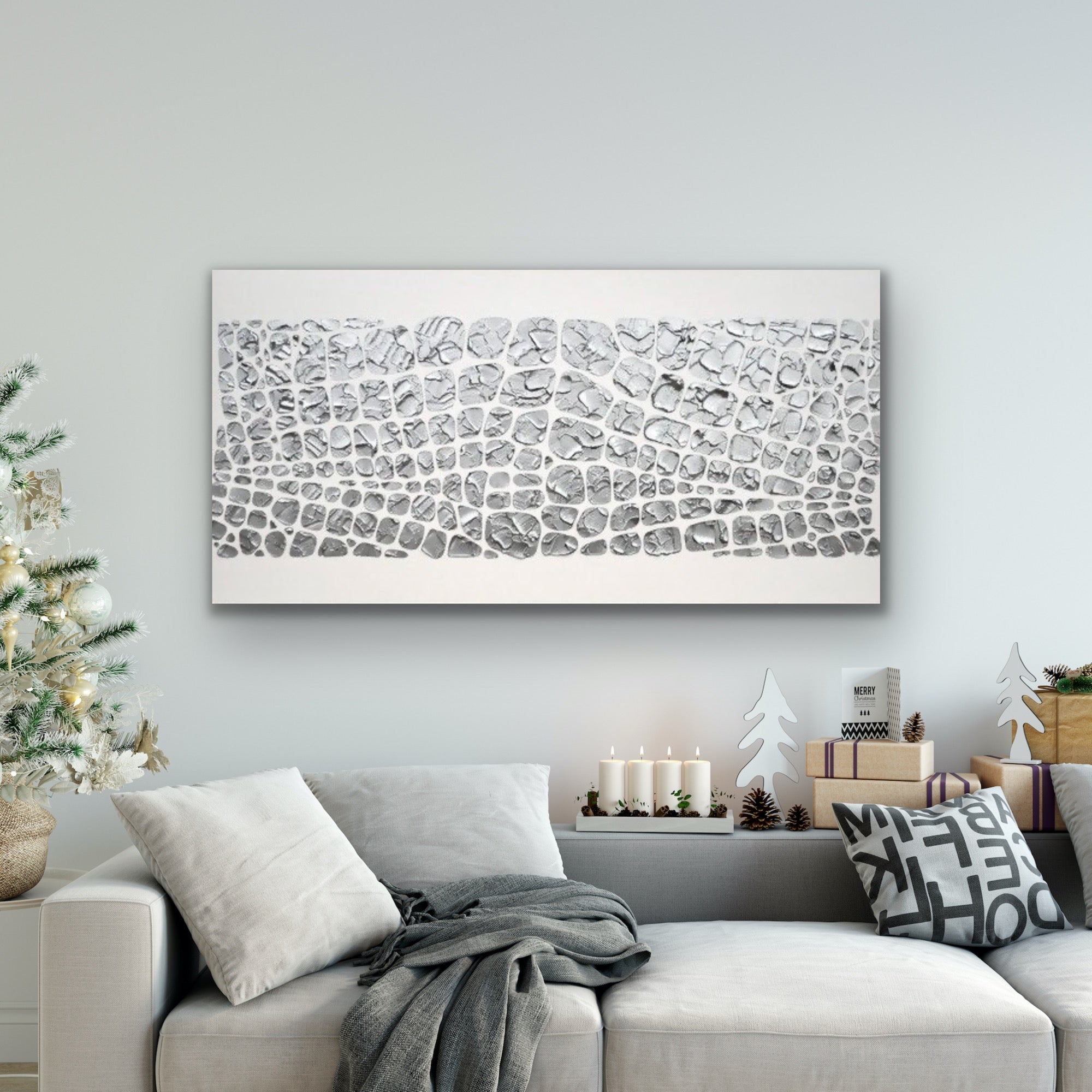 Original painting, metallic silver on white, Textured Large Abstract Art MADE2ORDER Mosaic Painting (48”x24”)