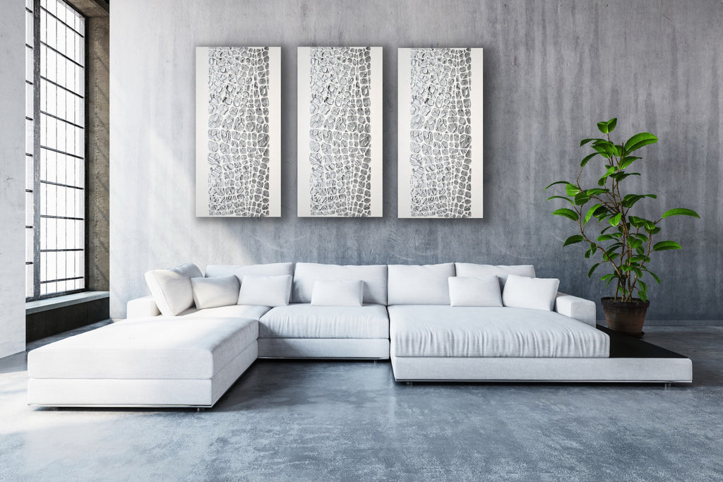 Original painting, metallic silver on white, Textured Large Abstract Art MADE2ORDER Mosaic Painting (48”x24”)