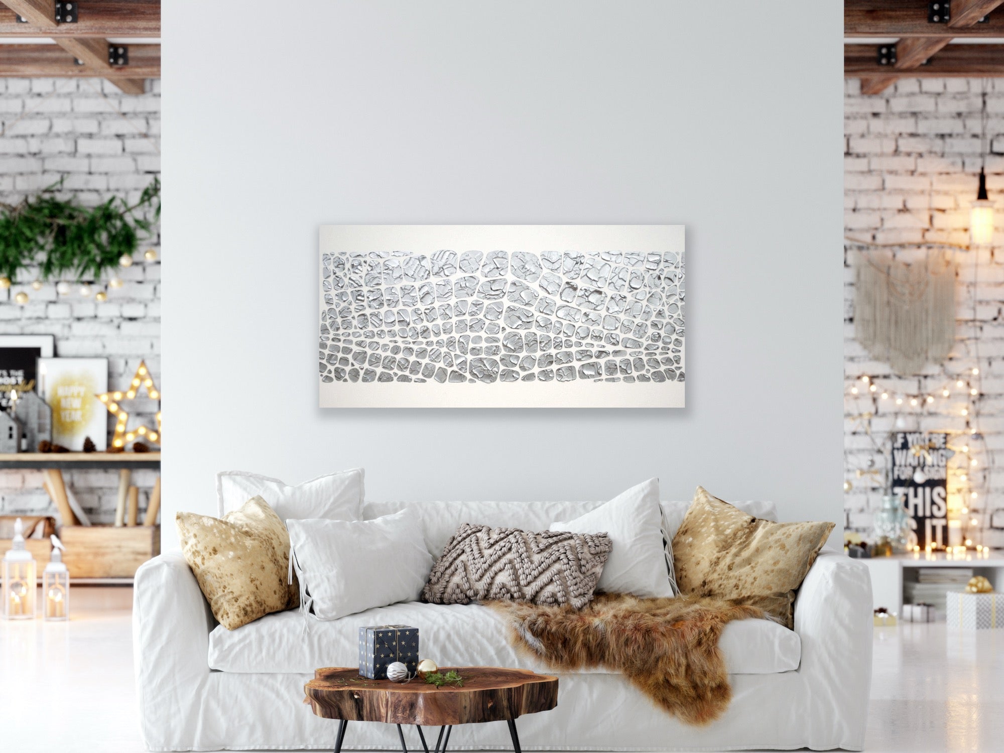Original painting, metallic silver on white, Textured Large Abstract Art MADE2ORDER Mosaic Painting (48”x24”)