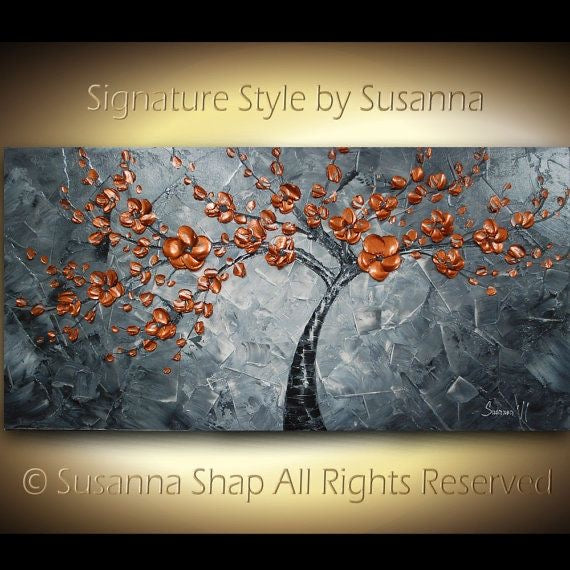 Original Copper Cherry Blossom Tree no.2 Modern Abstract Landscape, Impasto Textured painting palette knife art by susanna shap (MADE2ORDER)