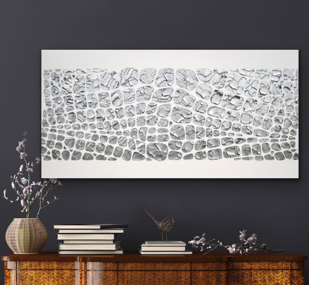 Original painting, metallic silver on white, Textured Large Abstract Art MADE2ORDER Mosaic Painting (48”x24”)
