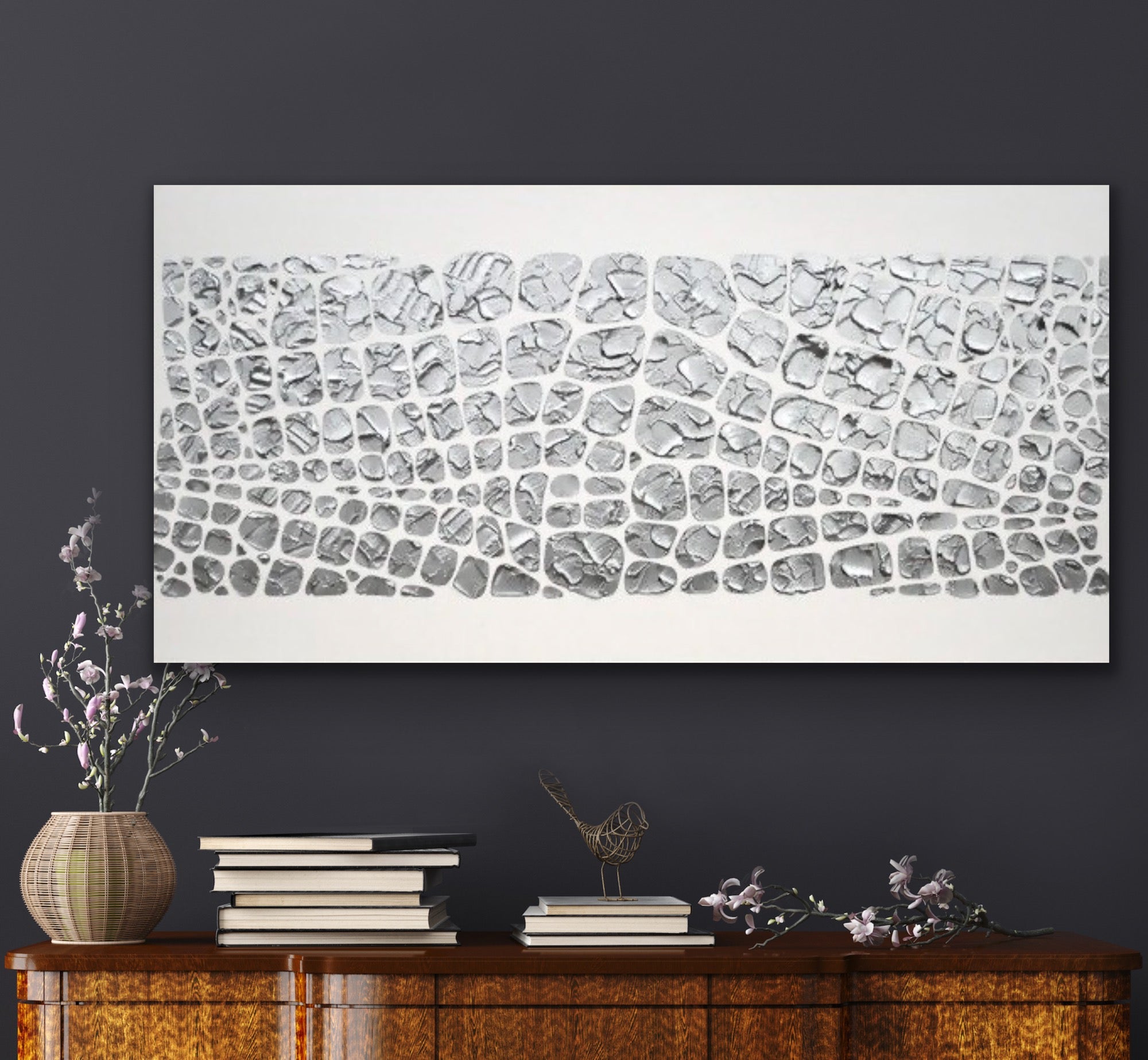 Original painting, metallic silver on white, Textured Large Abstract Art MADE2ORDER Mosaic Painting (48”x24”)