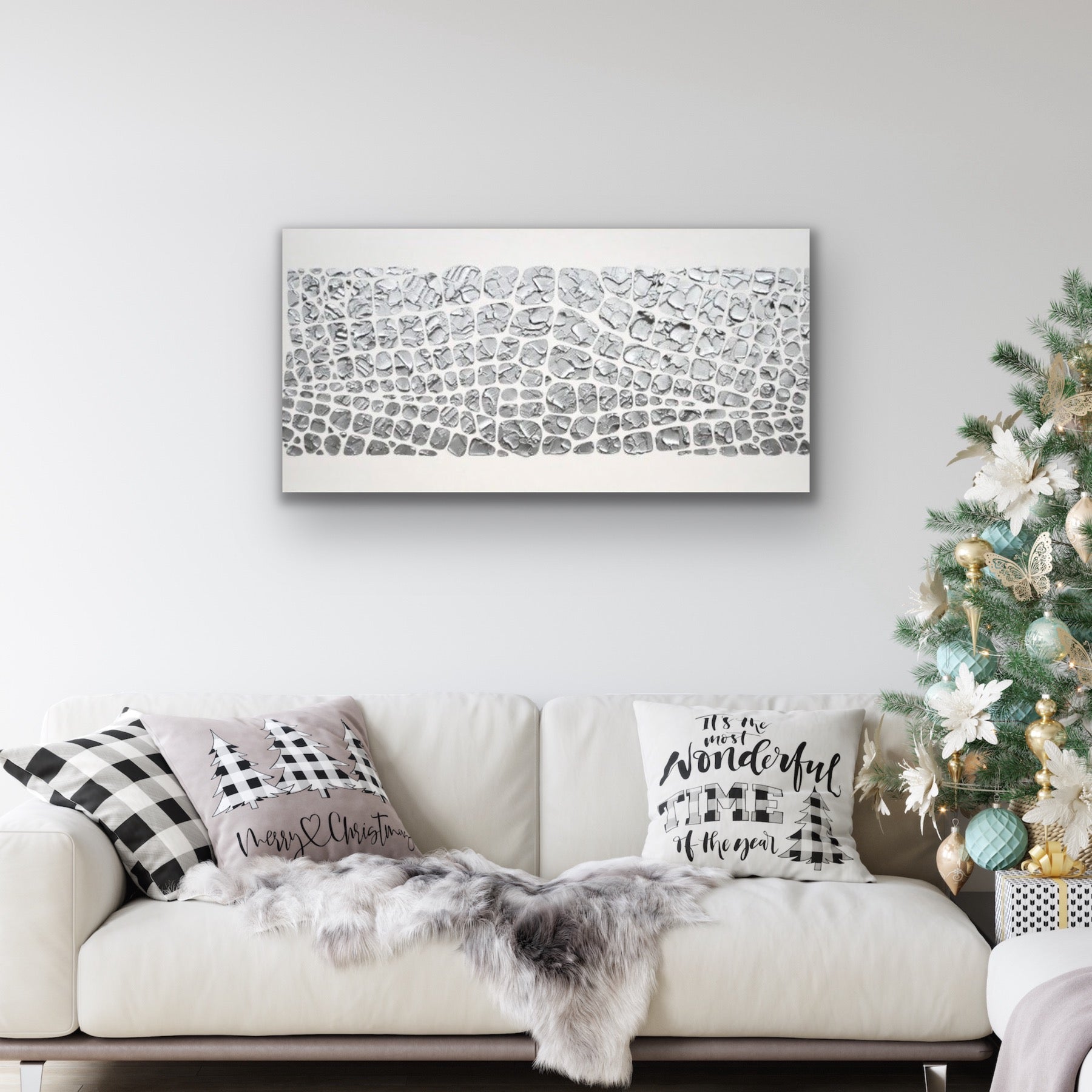Original painting, metallic silver on white, Textured Large Abstract Art MADE2ORDER Mosaic Painting (48”x24”)