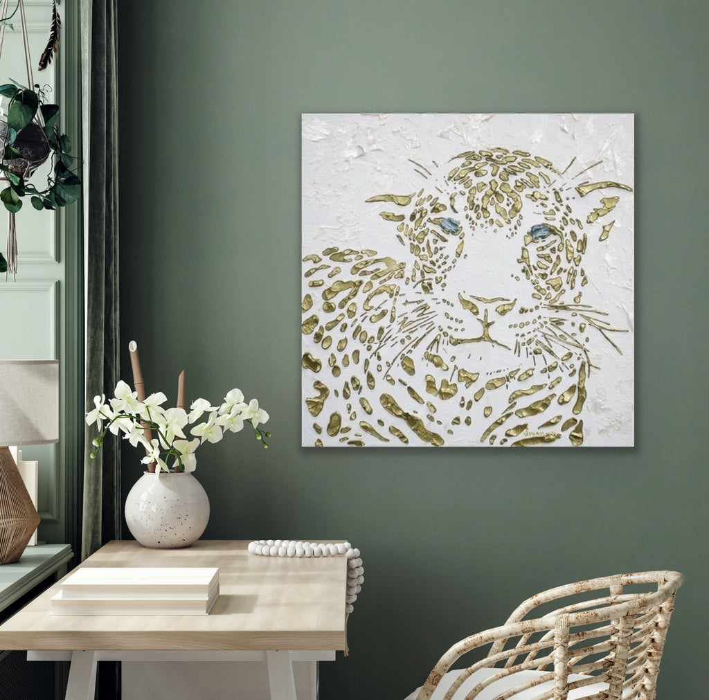 Original Leopard Painting MADE2ORDER Gold On White Textured Palette Knife Art
